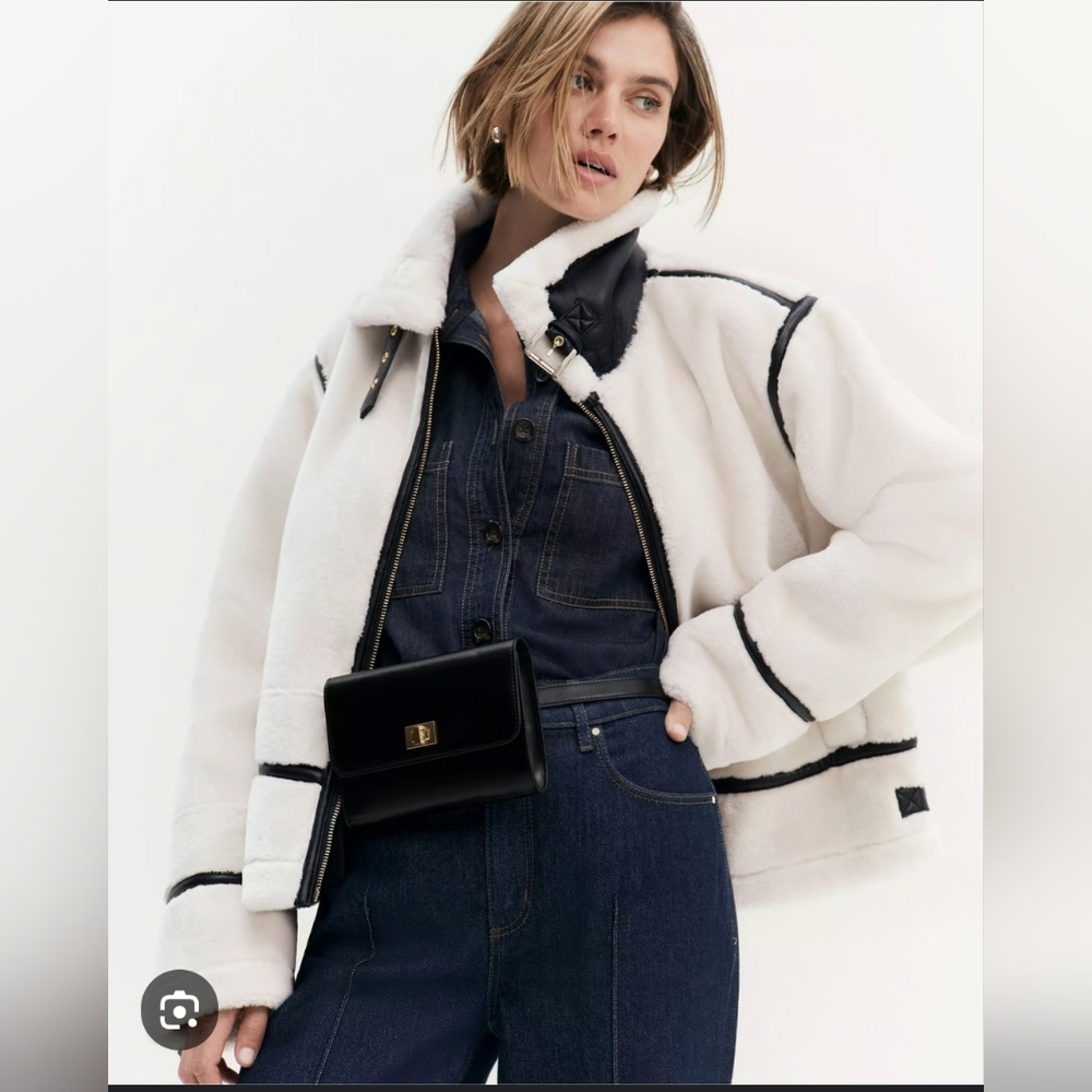 NWT Ann Taylor Zip Front Shearling Collar Moto Jacket Size XXS/P In Winter White
